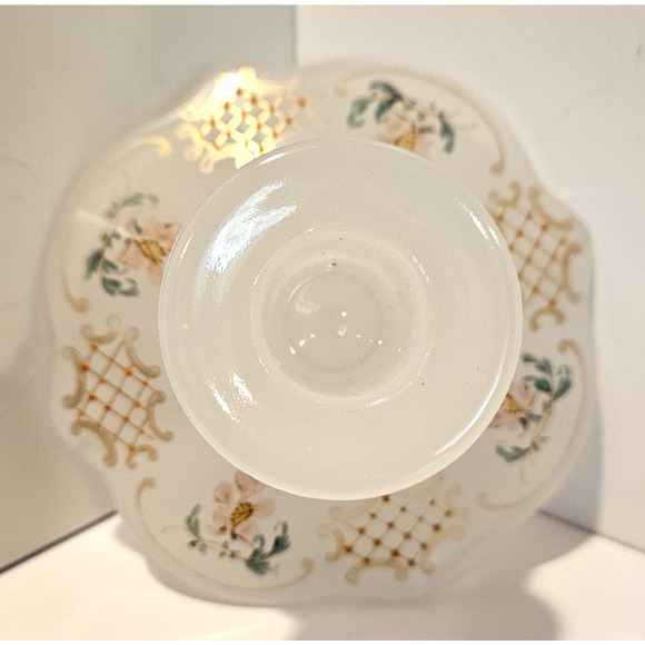 Vintage Frosted Glass Candlestick Holder Resting Dish Painted Flowers Scallop - Picture 1 of 6